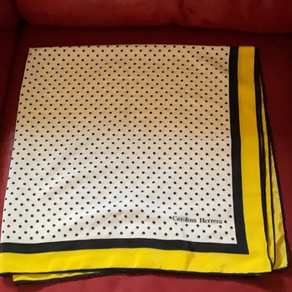Carolina Herrera Polka Dot on White w/ Yellow Blue border square silk scarf - Picture 3 of 5